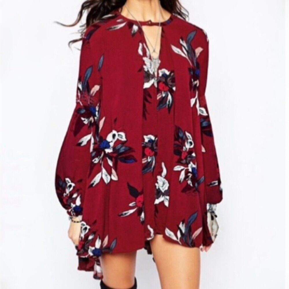 Free People Red Floral Boho Tunic Mini Dress Top Size Small